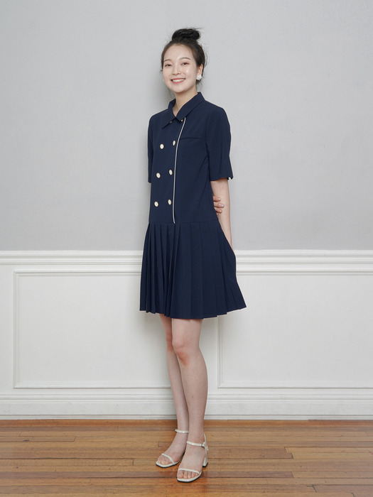 Pleated Double Button Jacket One-piece_navy