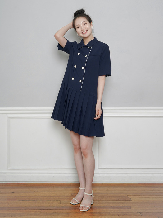 Pleated Double Button Jacket One-piece_navy
