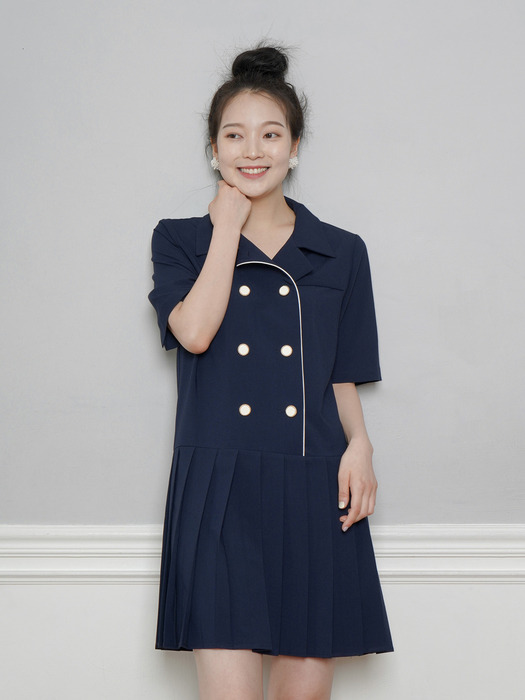 Pleated Double Button Jacket One-piece_navy