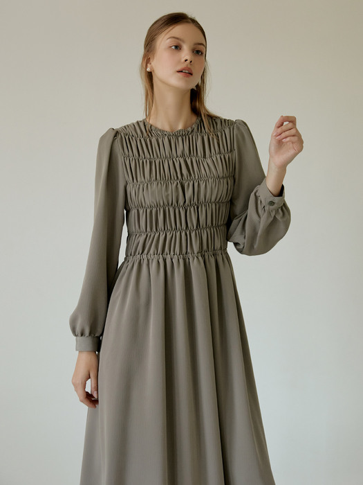 Romantic Shirring Long Dress(Khaki)