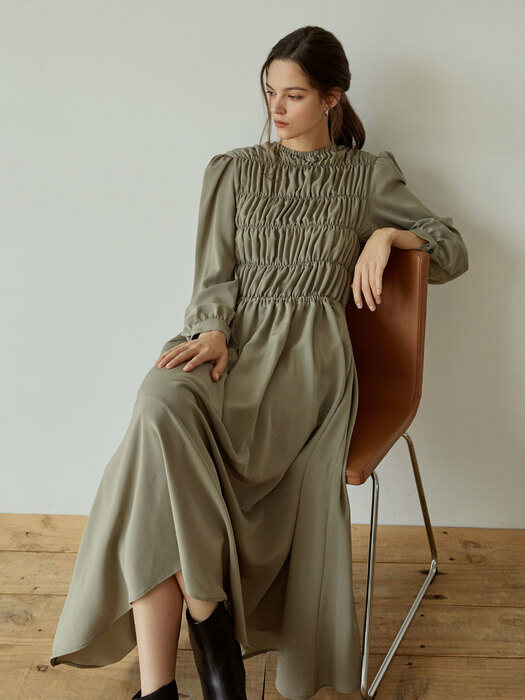 Romantic Shirring Long Dress(Khaki)