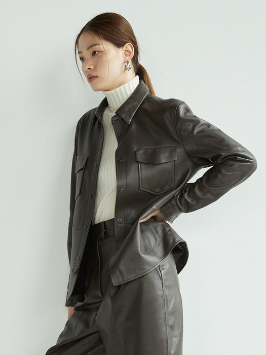 [N]YANGJAE Two pocket leather shirt (Brown)