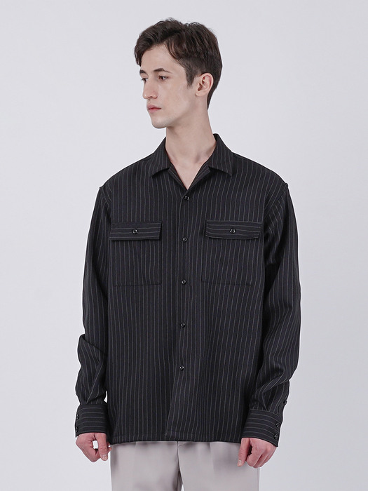 RELEXED STRIPE OPEN COLLAR SHIRT_BLACK