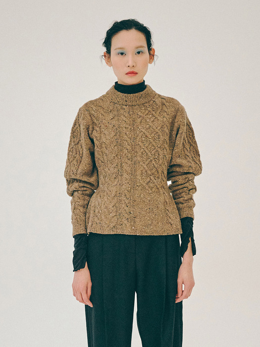 BROWN WOOL BLEND CABLE KNIT TOP