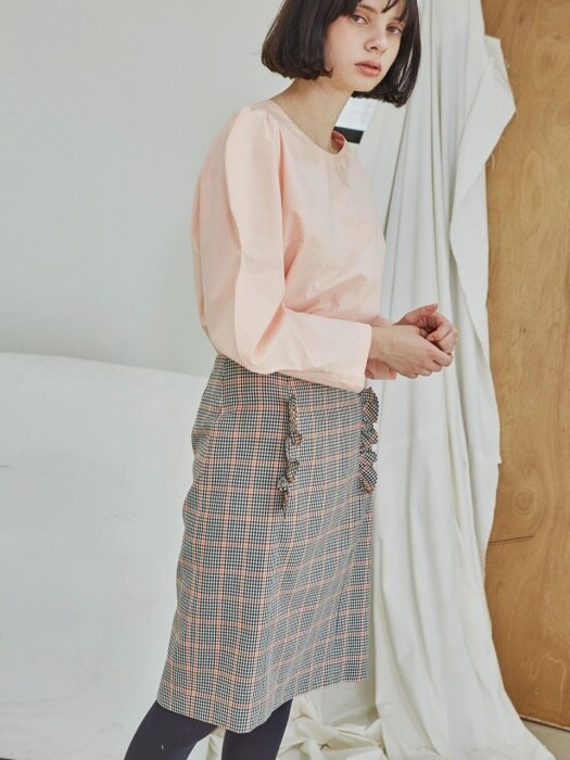 [리퍼브]Shirring Point Check Skirt_Orange