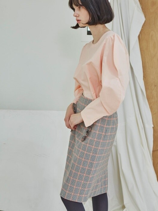 [리퍼브]Shirring Point Check Skirt_Orange