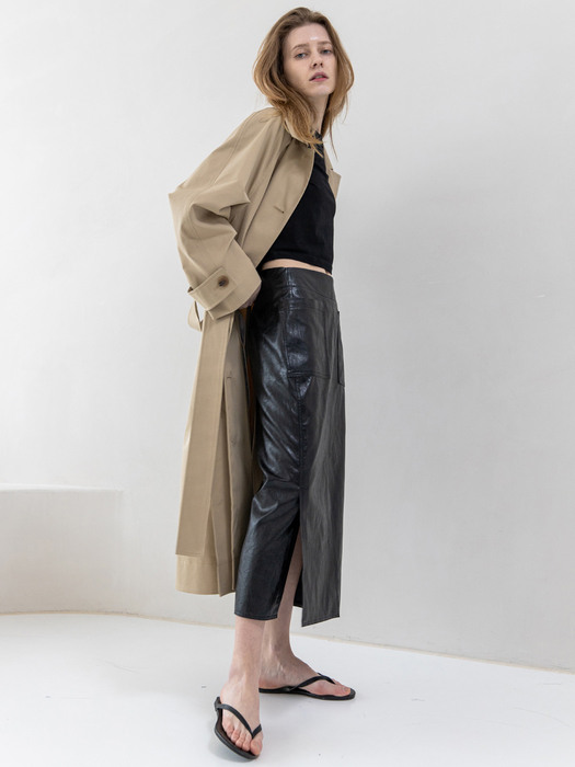 H line Slit Pocket Eco Leather Skirt-BK