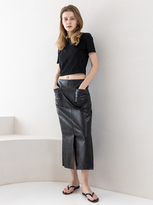 H line Slit Pocket Eco Leather Skirt-BK