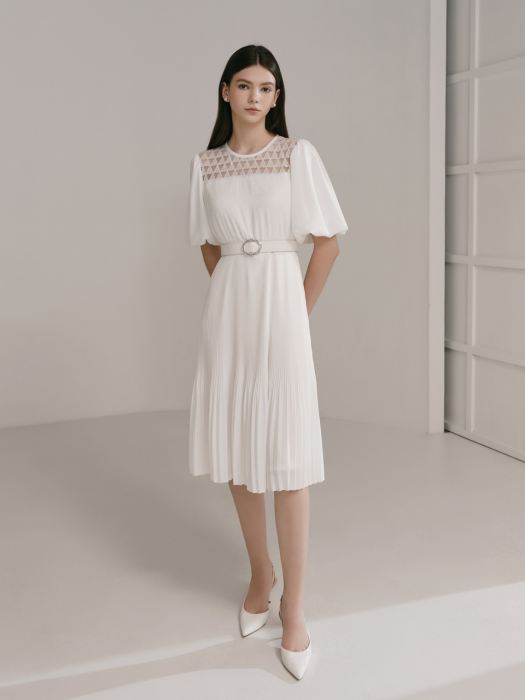 ARIANNA / See-through Puff Spangle Pleats Dress(white)