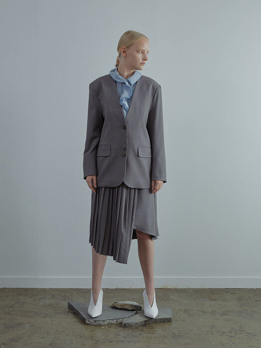Tiana Collarless Jacket+Skirt SET - Light Gray