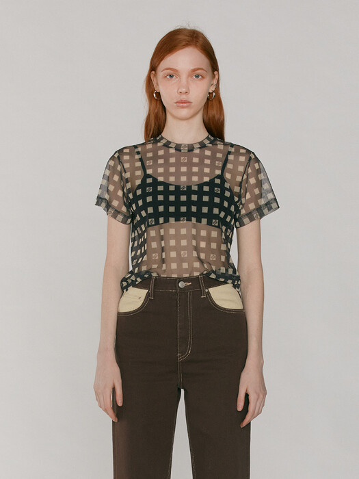 Check Mesh Half Sleeve Top_Brown