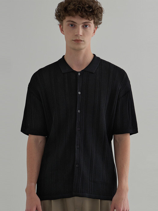 [Men] Line Detail Knit Shirt (Black)