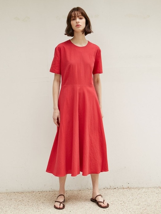 Linen Flared Dress - Red