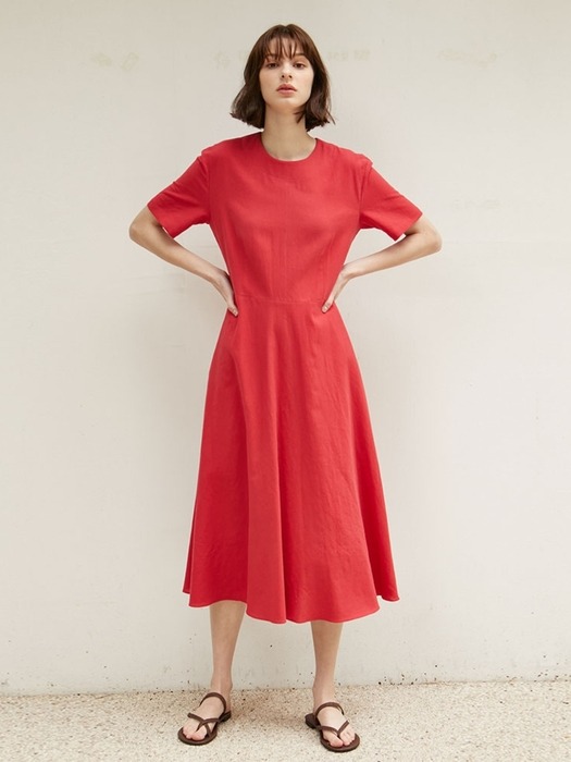 Linen Flared Dress - Red