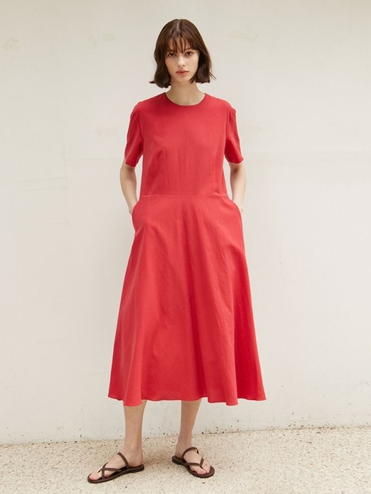 Linen Flared Dress - Red