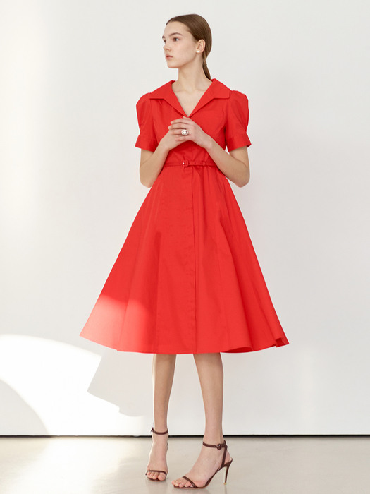 [미전시]VALENTINA Puff sleeve flared shirt dress (Scarlet red/Deep navy)