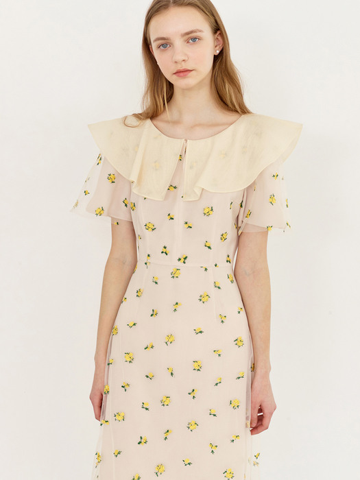 WENDY Oganza collar embroidered tulle dress (Misty yellow flower)