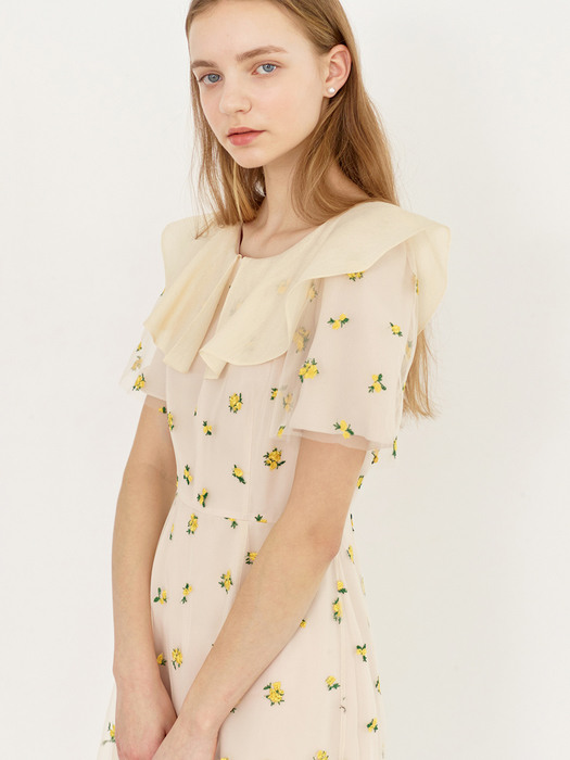 [미전시]WENDY Oganza collar embroidered tulle dress (Misty yellow flower)