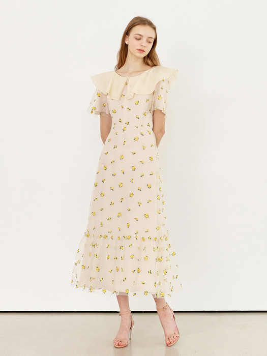 WENDY Oganza collar embroidered tulle dress (Misty yellow flower)