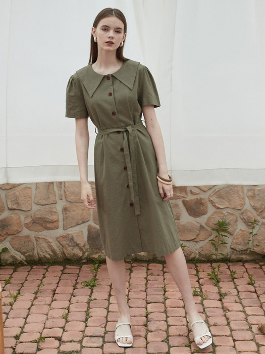 j768 linen collar onepiece (khaki)