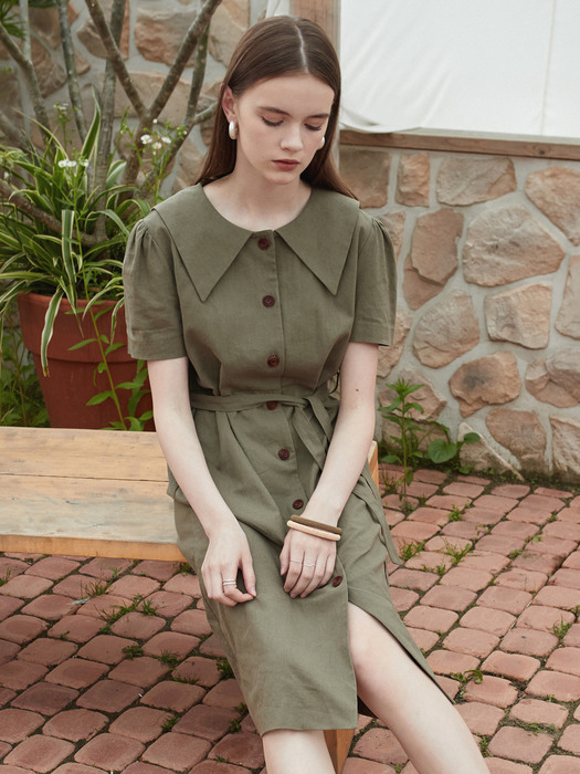 j768 linen collar onepiece (khaki)