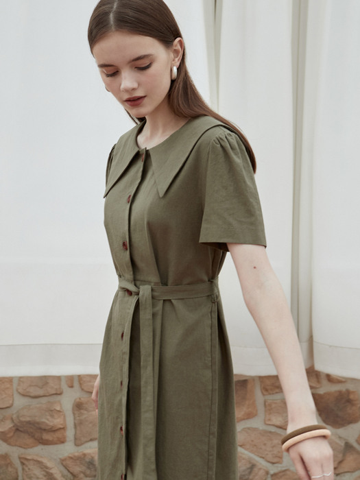 j768 linen collar onepiece (khaki)