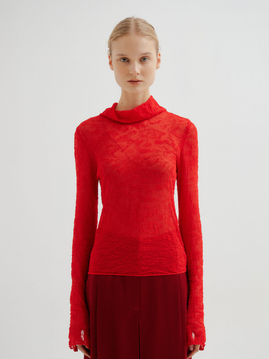 TOLLY Lace Jacquard Turtleneck Pullover - Red