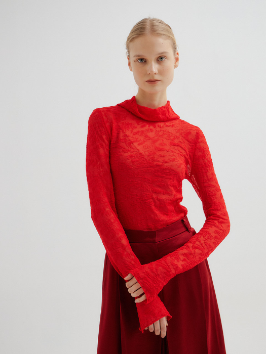 TOLLY Lace Jacquard Turtleneck Pullover - Red