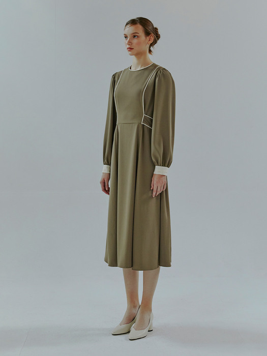 Combination Color Piping Dress, Khaki Brown