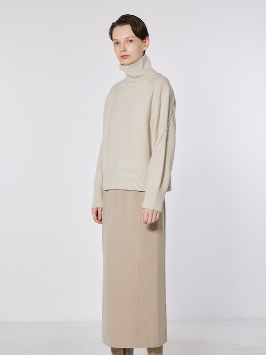 TOF CABLE LINE CASHMERE TURTLENECK KNIT I-BEIGE