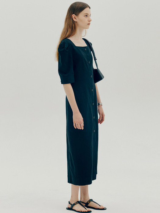 Linen square neck dress - Black