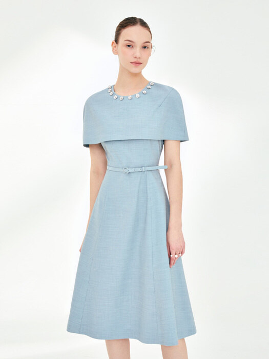 AGNES Beaded cape dress (Stone blue)