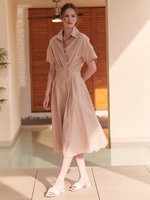 FLARED WRAP DRESS WITH SHIRT COLLAR [Beige]