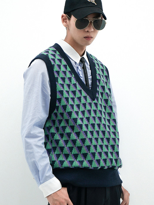 Geometric-Jacquard Oversized Sweater Vest[Green(UNISEX)]_UTW-FC13 