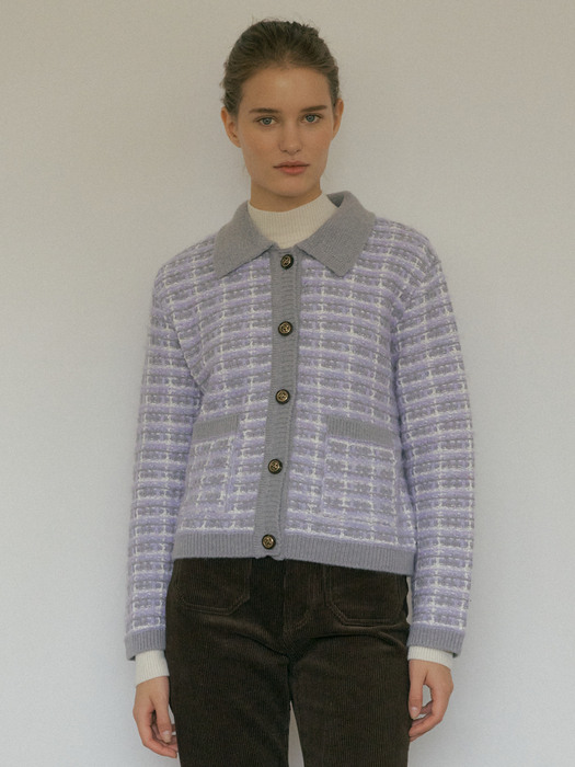 V. wool check knit cardigan (violet)