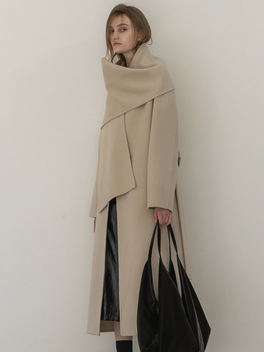 Cashmere Handmade Long Coat with Muffler_Ecru