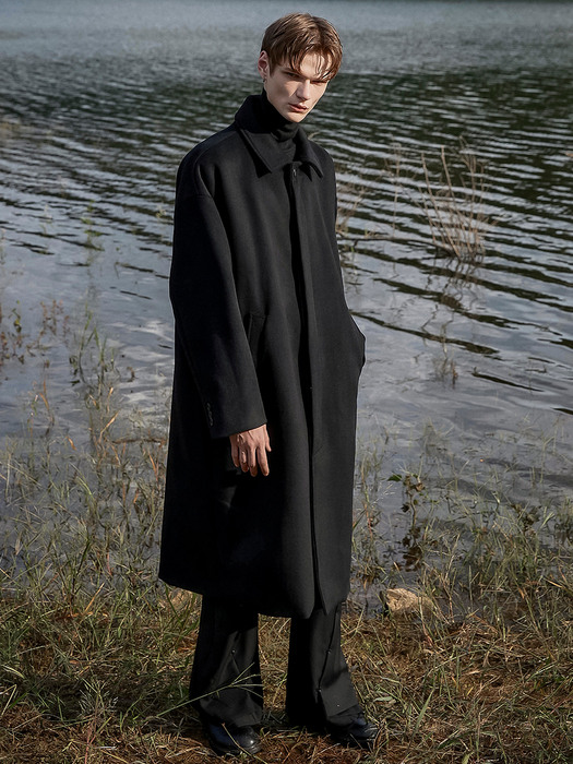 Oversized Wool Balmacaan Long Coat - Black (FL-010)