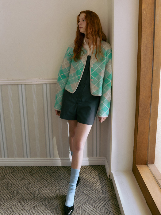 SANTANGELO Check wool knit cardigan (Mint/Melange gray)