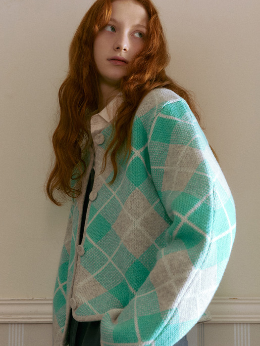 SANTANGELO Check wool knit cardigan (Mint/Melange gray)