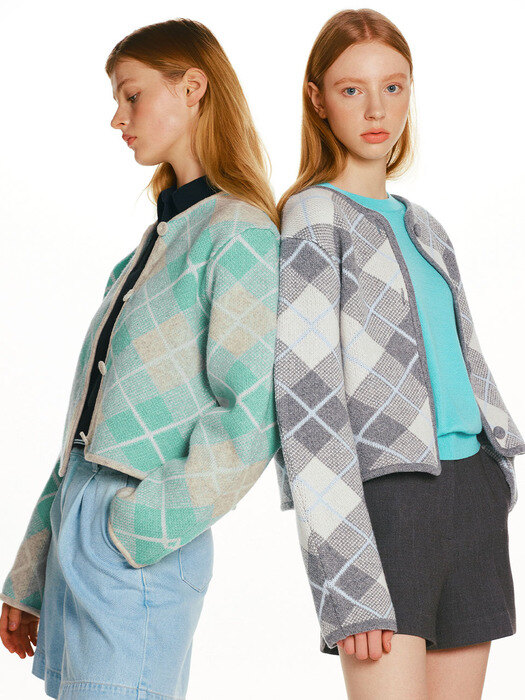 SANTANGELO Check wool knit cardigan (Mint/Melange gray)