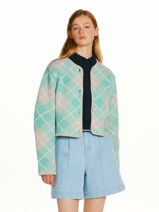 SANTANGELO Check wool knit cardigan (Mint/Melange gray)