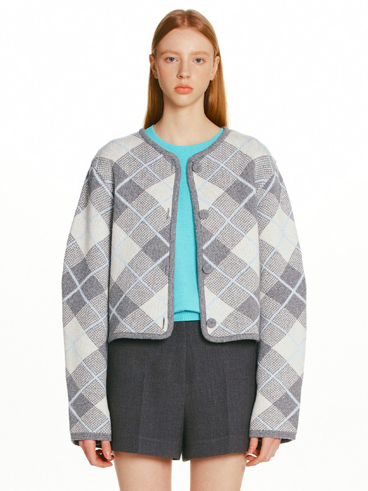 SANTANGELO Check wool knit cardigan (Mint/Melange gray)