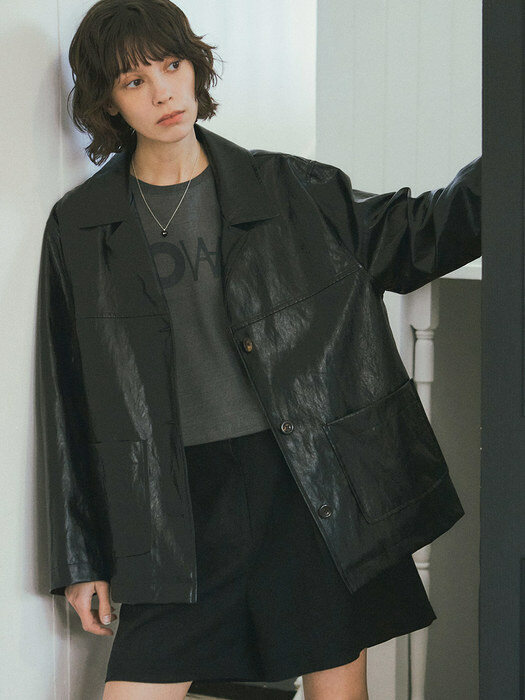 O3715 Archive leather half coat_Black