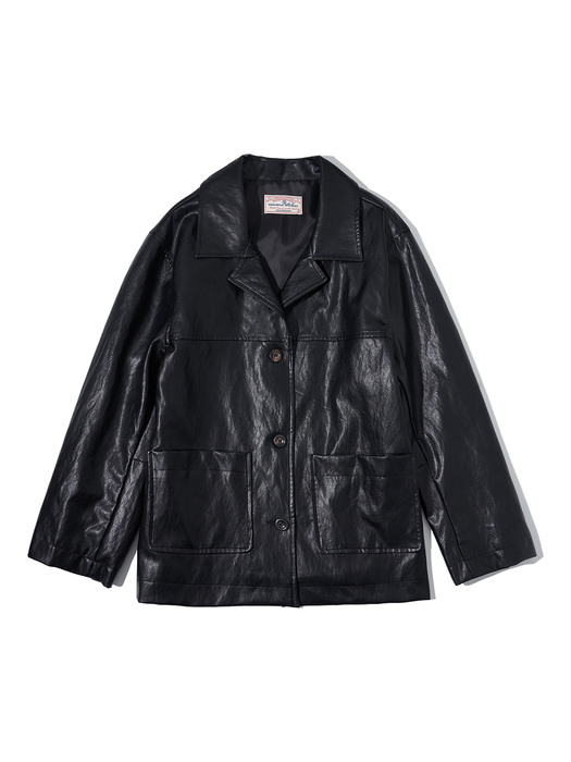 O3715 Archive leather half coat_Black
