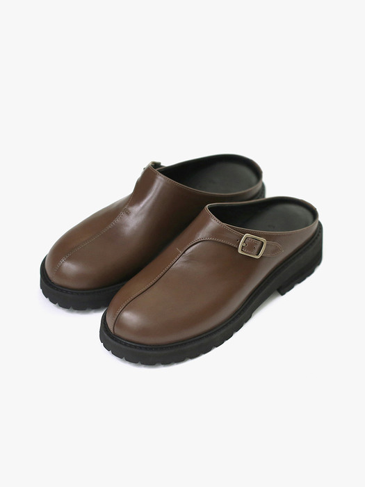 Chunky-Sole Leather Mules . Coffee Brown