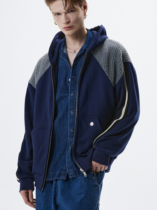 KNIT MIXED HOOD ZIPUP - NAVY