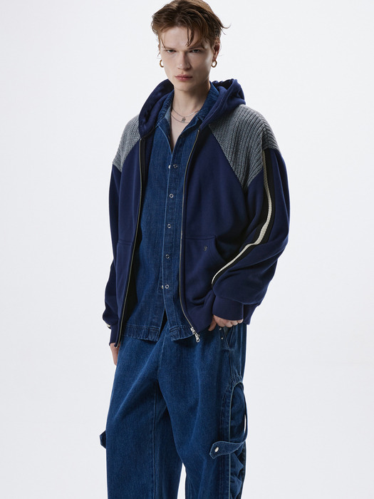 KNIT MIXED HOOD ZIPUP - NAVY