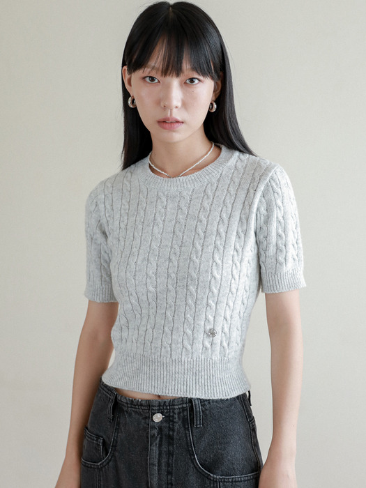 Lossy  Cashmere Cable Short-Sleeved Round Knit_lightgray