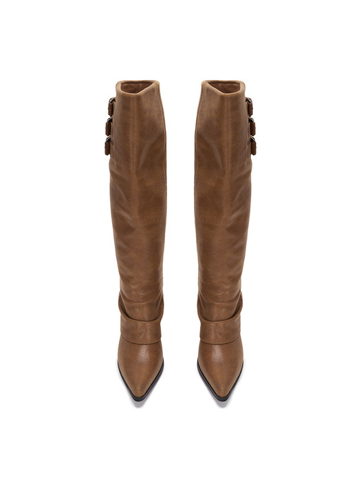 BUCKLE LAYERED LEATHER LONG BOOTS IN BROWN
