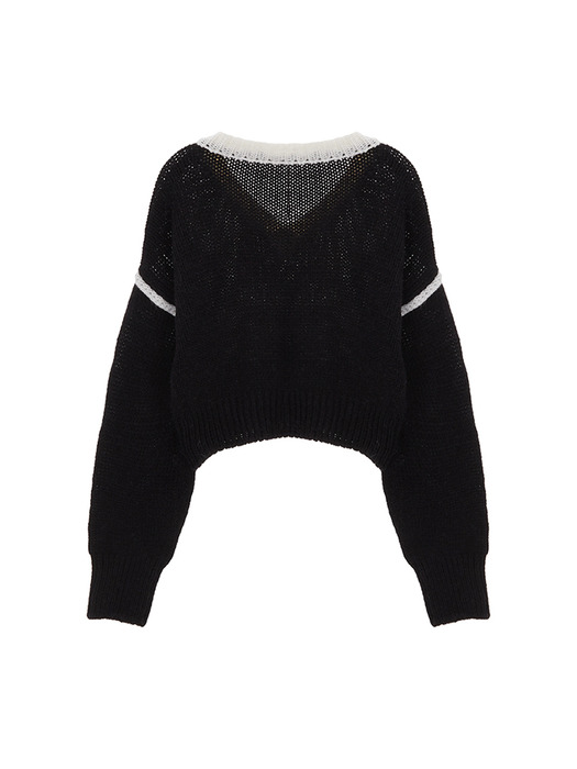 V NECK COLOR CROP KNIT PULLOVER IN BLACK